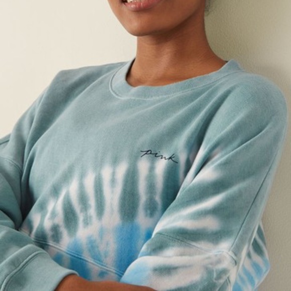 Victoria's Secret PINK Varsity Crew Sweatshirt Oil Blue Tie Dye Large NEW - Picture 3 of 4